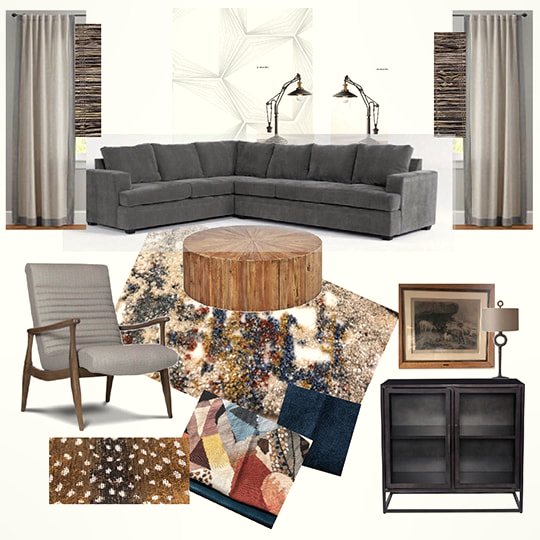 A design board of fabrics, furniture and finishes selected by JK Home Design